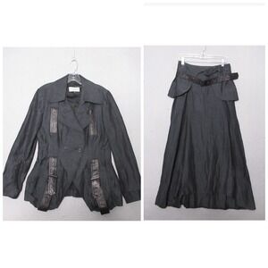 Ivan Grundal Blazer Skirt Gray Linen Blend Lamb Leather Avant‎ Garde Artsy NWT